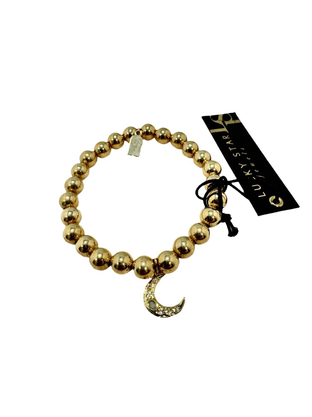 Lucky Star Opal Sky Medium Moon Bubble Bracelet. Gold Beaded Moon Charm Bracelet